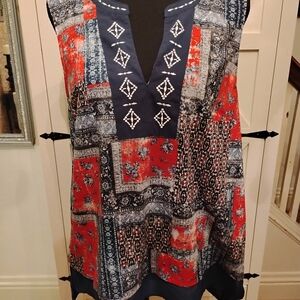 Patchwork Embroidered Tunic - Navy and Red